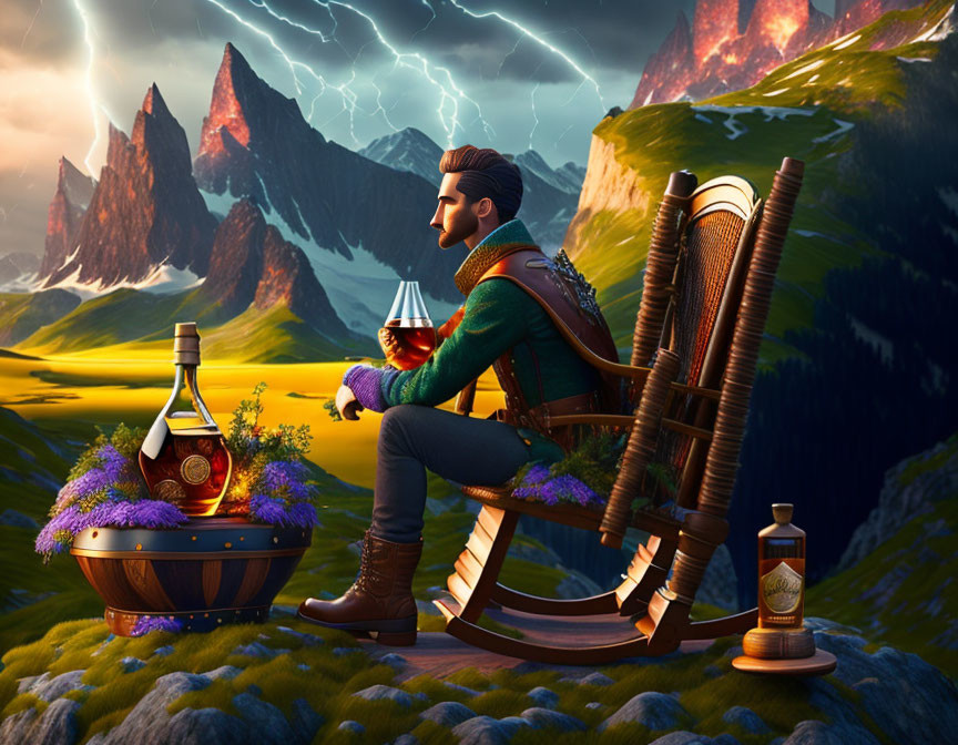 Illustration of bearded man in green jacket sitting in rocking chair with mountain backdrop.