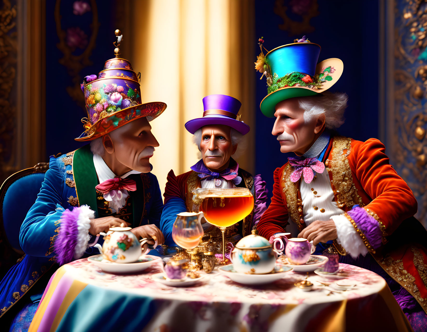 Colorful Costumed Individuals at Whimsical Tea Party in Luxurious Baroque Setting