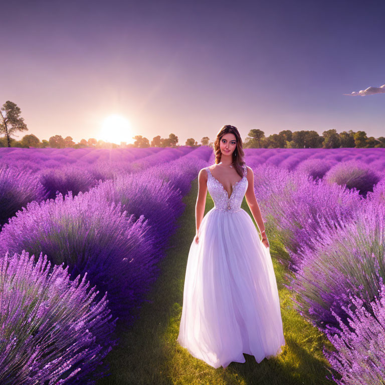 Woman in White Dress in Vibrant Lavender Field at Sunrise