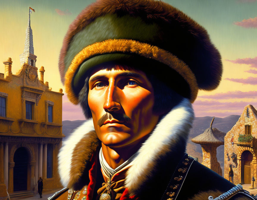 Historical military man in fur hat against old buildings.