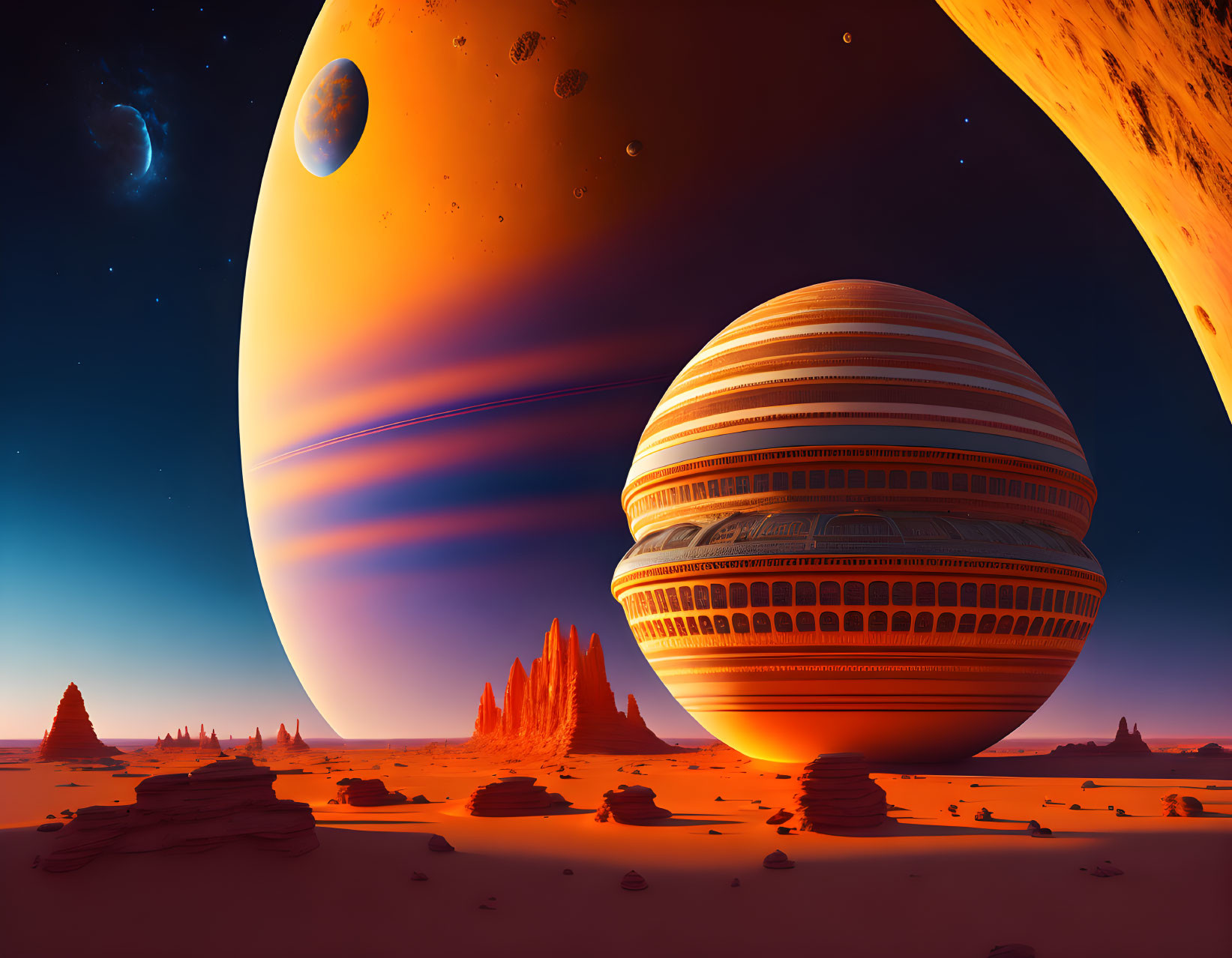 Alien sky over rocky sci-fi landscape with large striped planets