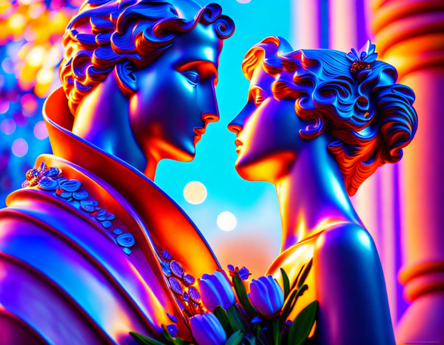 Vibrant digital artwork: Stylized classical figures in bright colors.