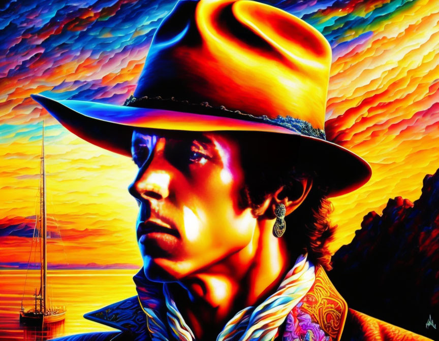 Colorful portrait of person in wide-brimmed hat against fiery sky and sailboat.