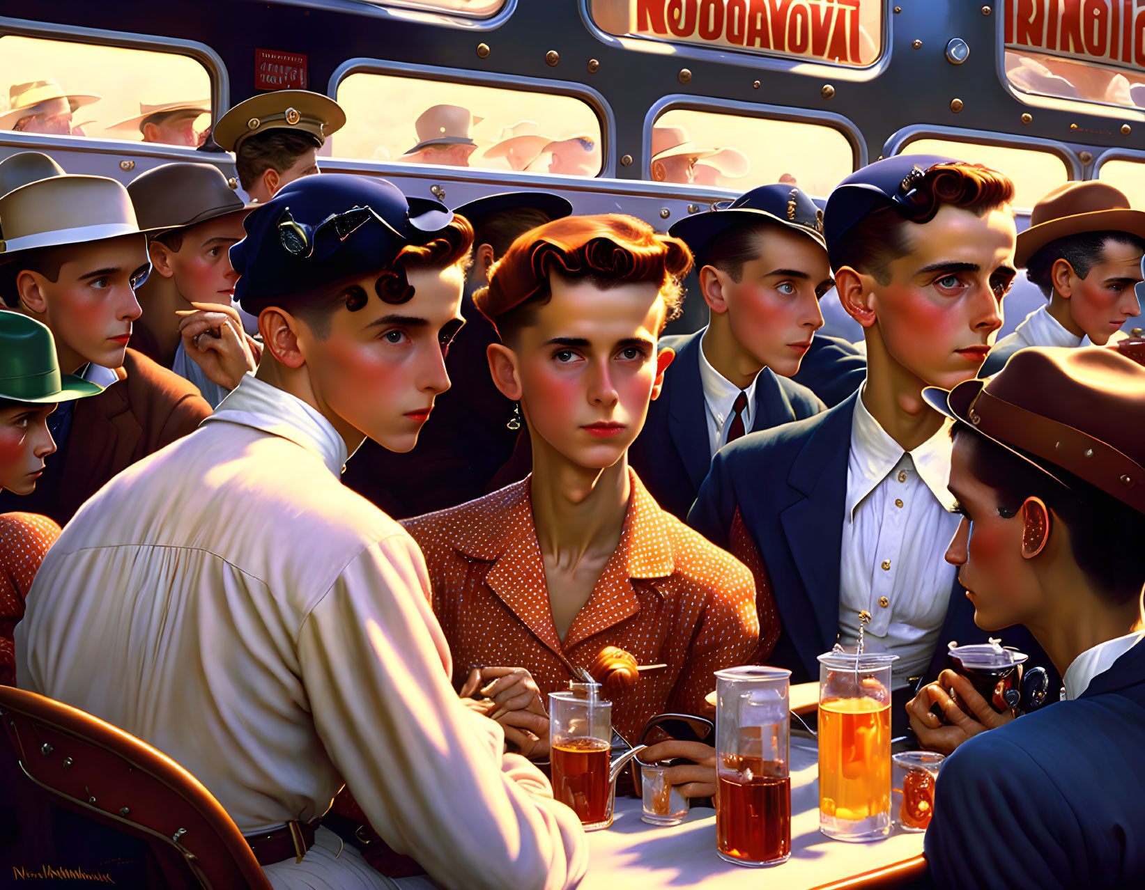 Vibrant vintage bus scene with diverse people in hats and polka-dot attire