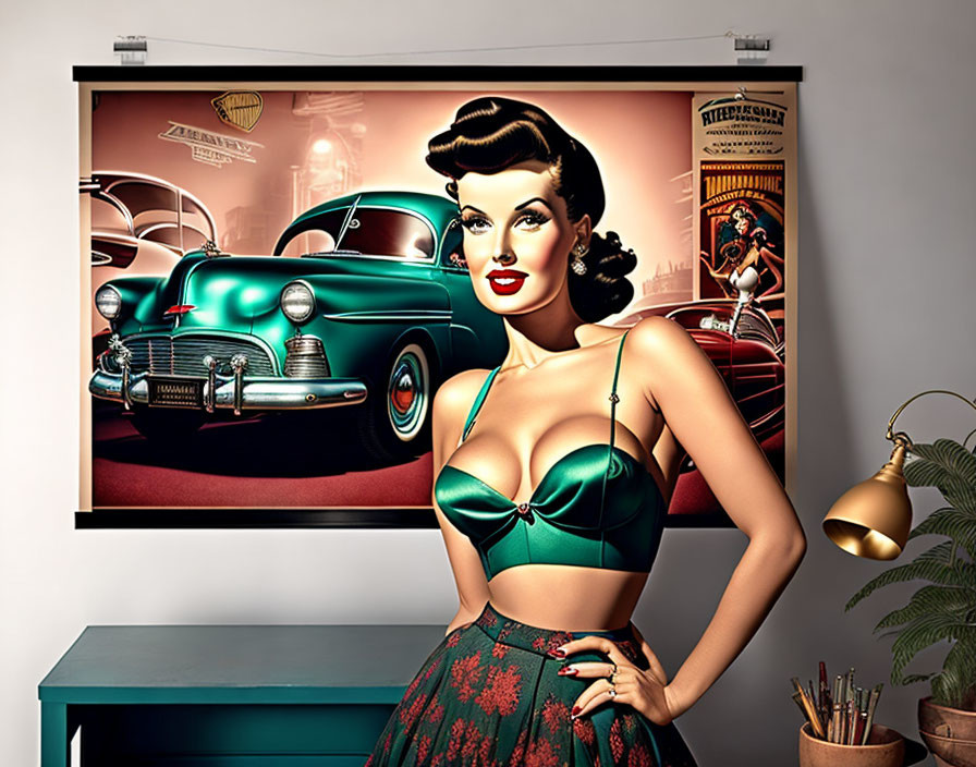 Retro-styled illustration of a woman in green attire with classic cars and vintage posters