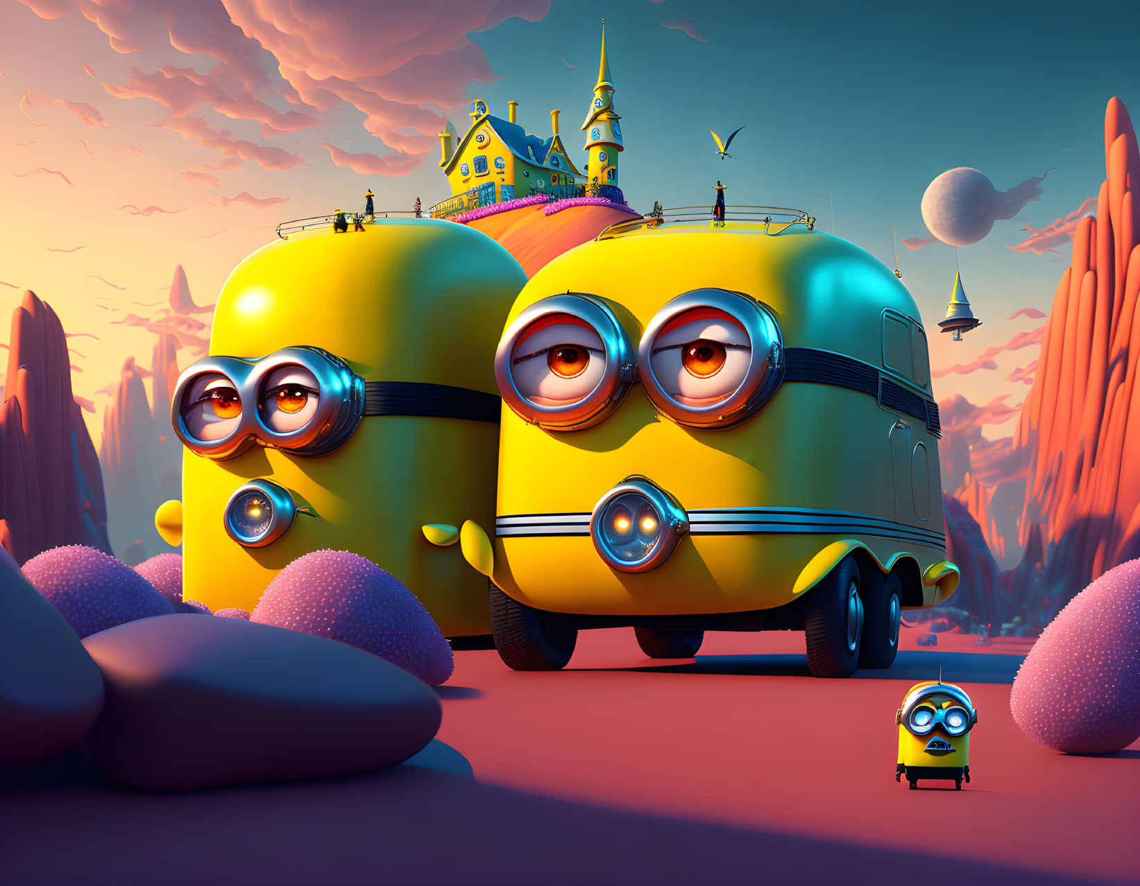 Colorful Castle in Surreal Desert Landscape with Animated Minions