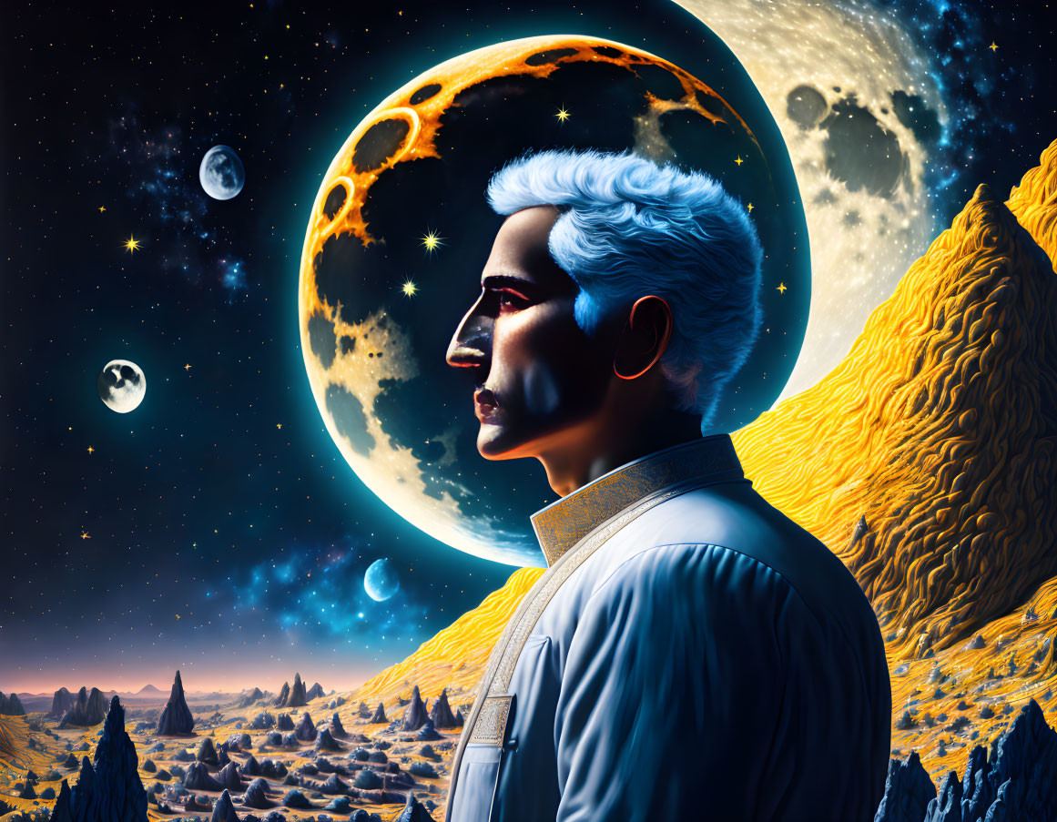 Silver-haired man portrait against cosmic backdrop with moon, stars, and golden landscape