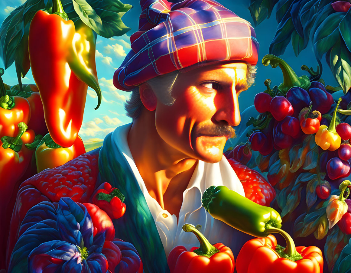 Man in Plaid Hat Surrounded by Bell Peppers and Tomatoes in Garden