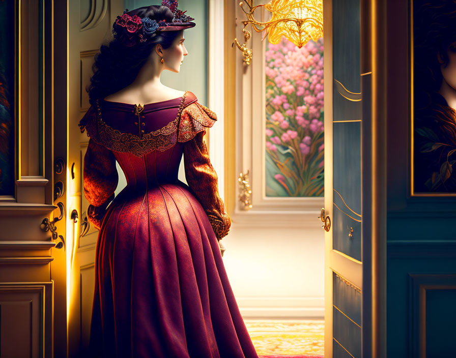 Victorian woman in elegant dress by ornate window with warm sunlight.