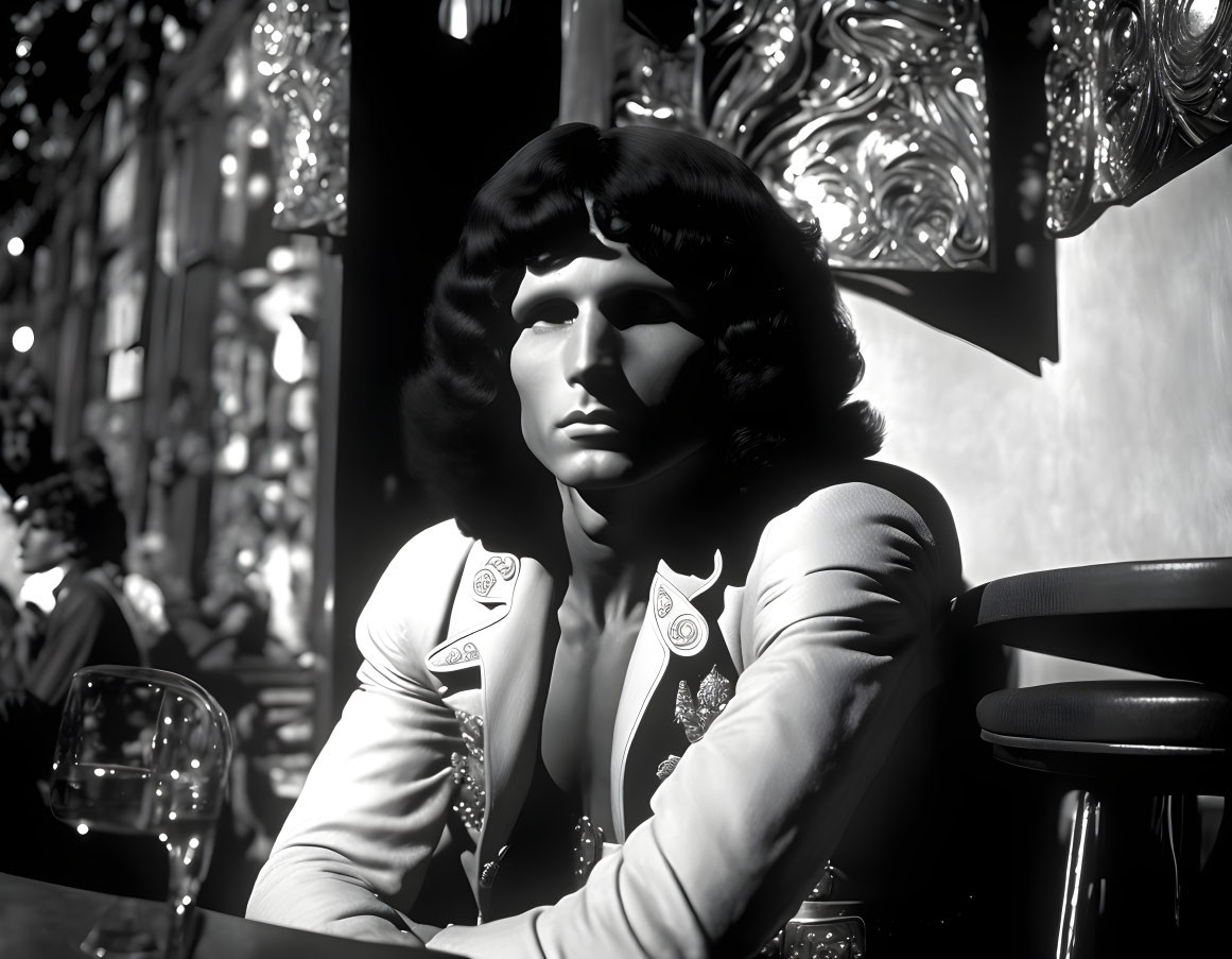 Monochrome image of person with bob haircut at bar with intricate background details