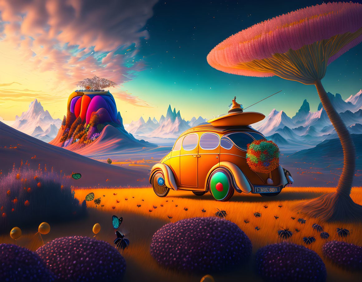 Colorful digital artwork: whimsical landscape with oversized mushrooms, retro-futuristic car, and sunset