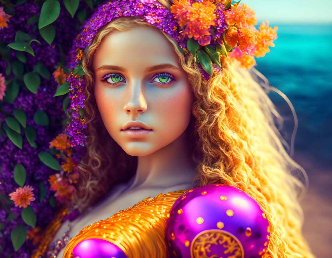 Vibrant digital art portrait of young woman with blond hair and floral headband by the sea