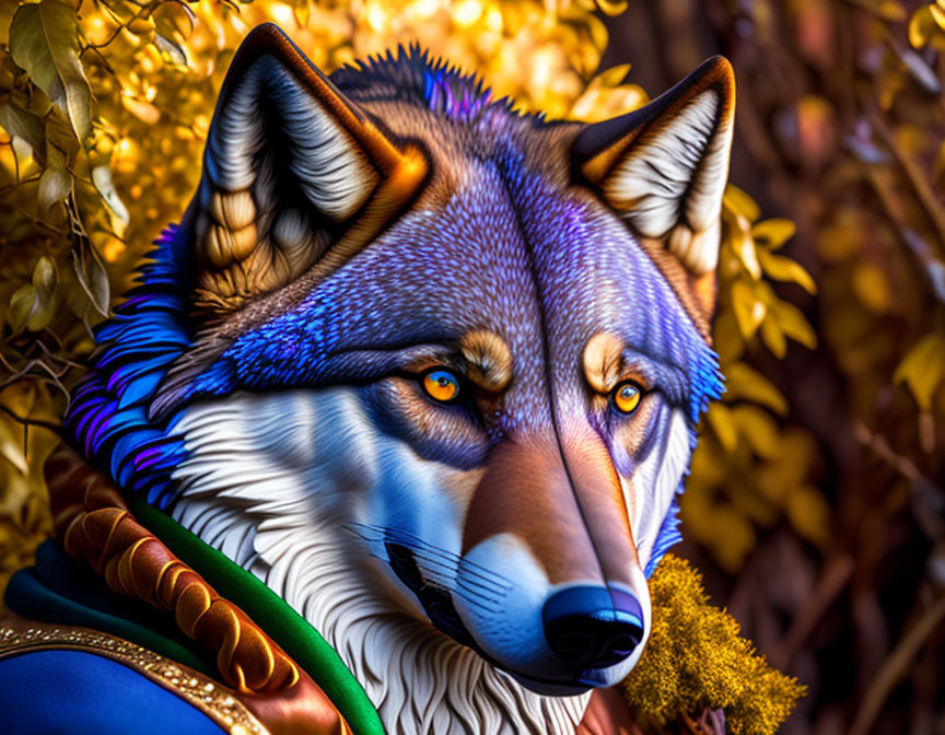 Detailed anthropomorphic wolf with blue eyes on golden leafy background