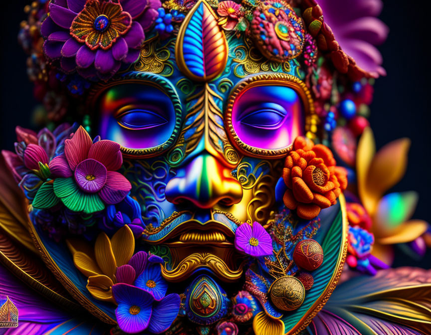 Vibrant Floral Mask Artwork in Purple, Blue, and Orange