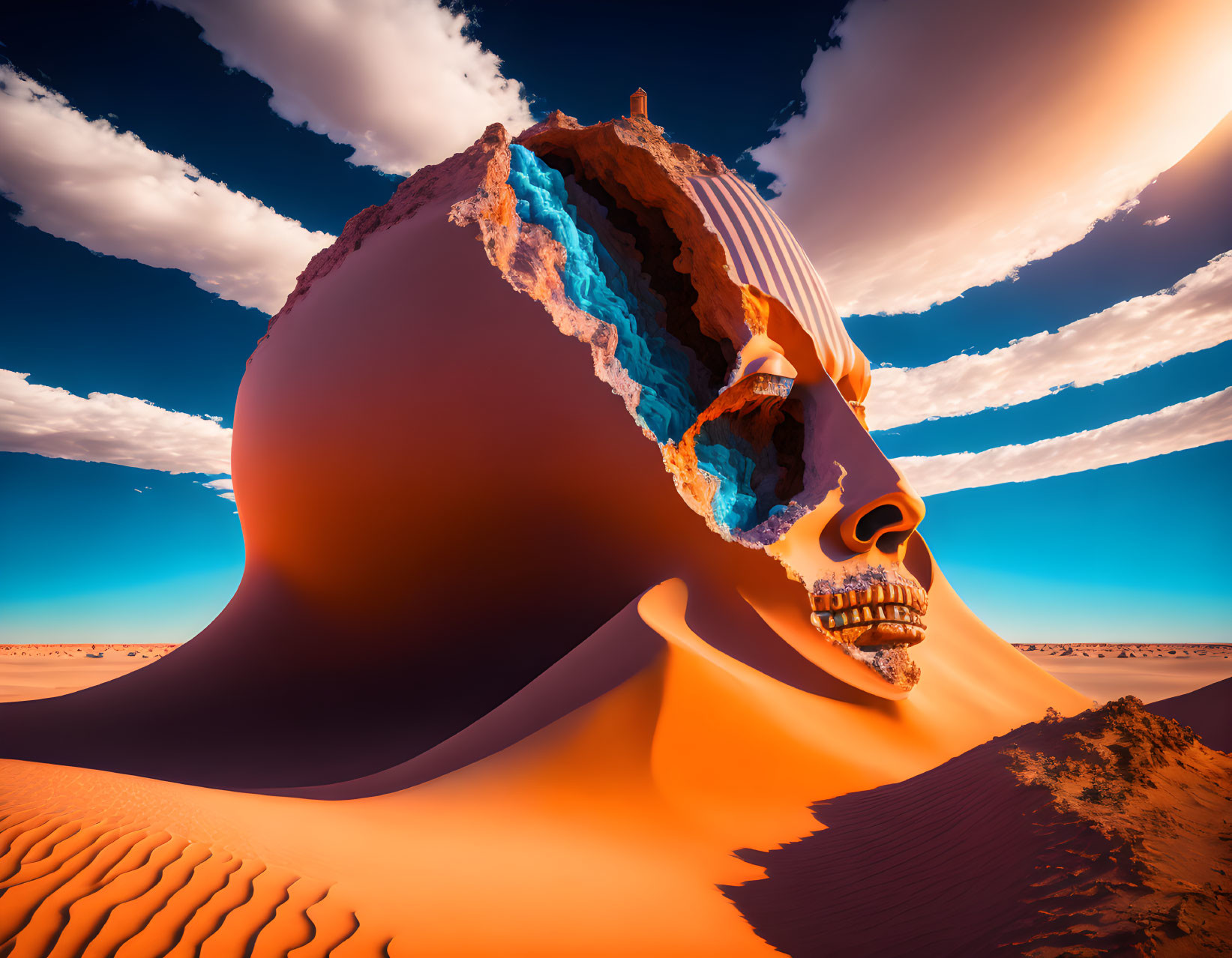 Surreal 3D art: fractured sand-covered head with blue core in desert landscape