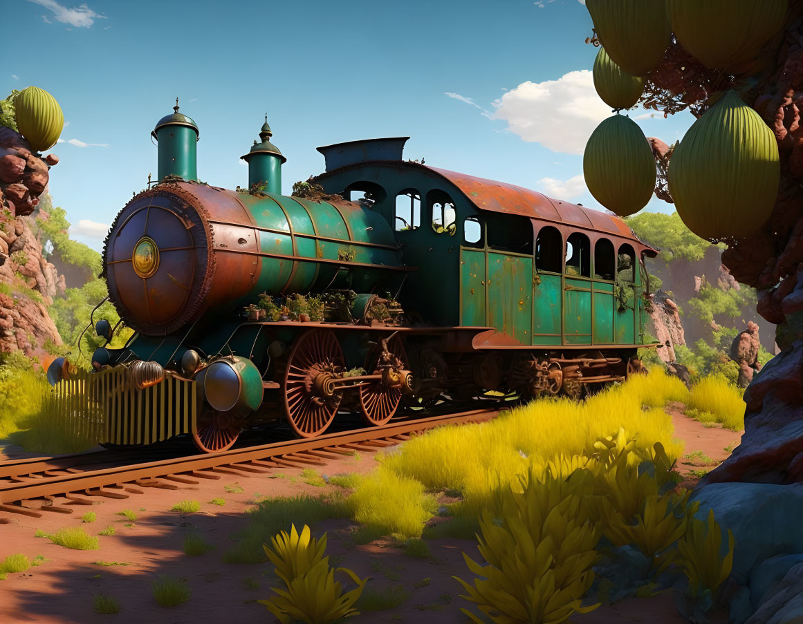 Vintage steam locomotive travels through whimsical landscape with green trees and yellow grass under blue sky