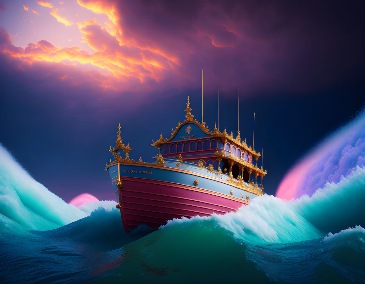 Golden-trimmed fantastical ship on stylized ocean waves at sunset