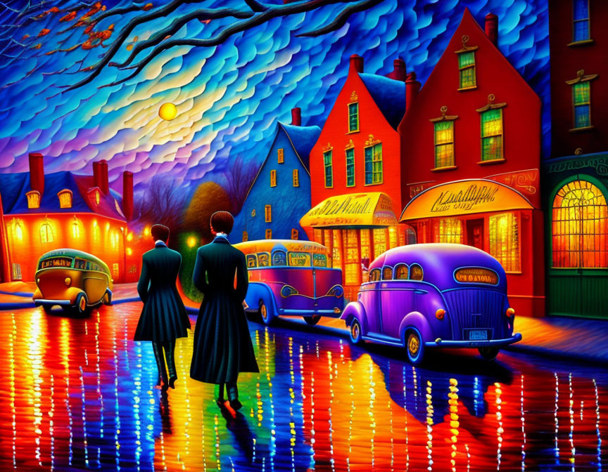 Colorful painting of couple walking on wet street at night