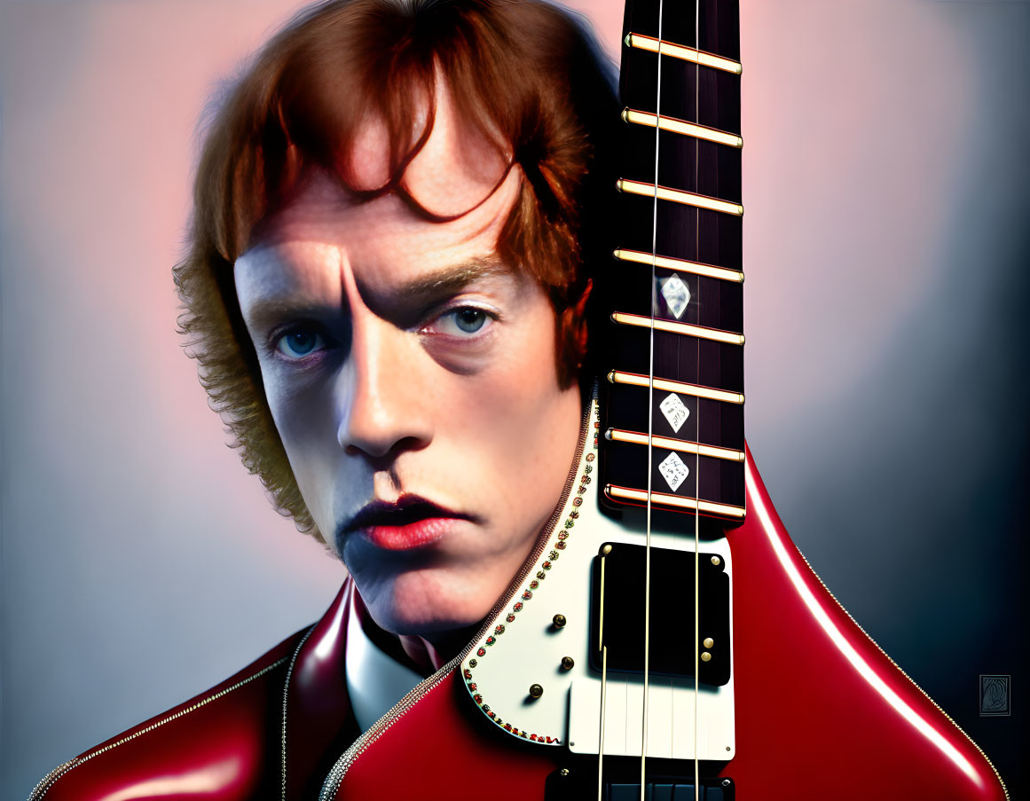 Intense gaze portrait merged with red electric guitar neck