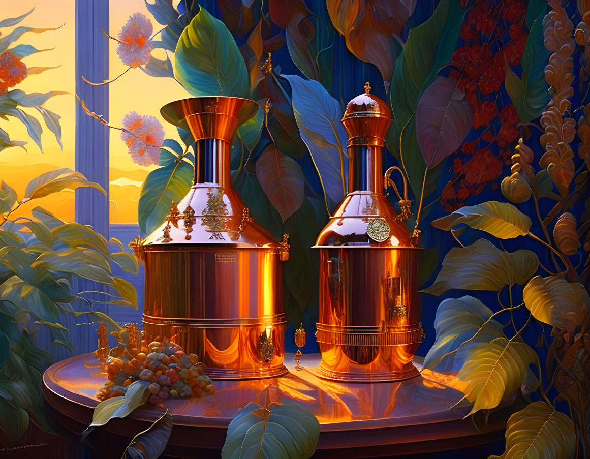 Copper Stills Surrounded by Foliage and Grapes on Reflective Table at Dusk