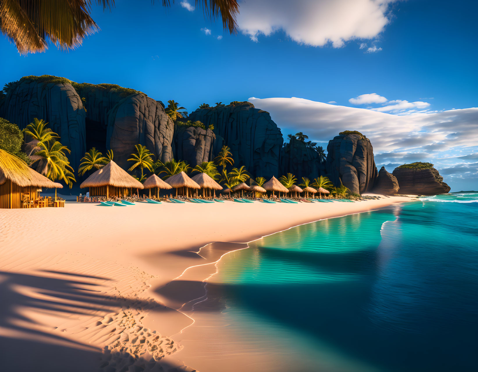 Tranquil Tropical Beach with Thatched Huts and Palm Trees