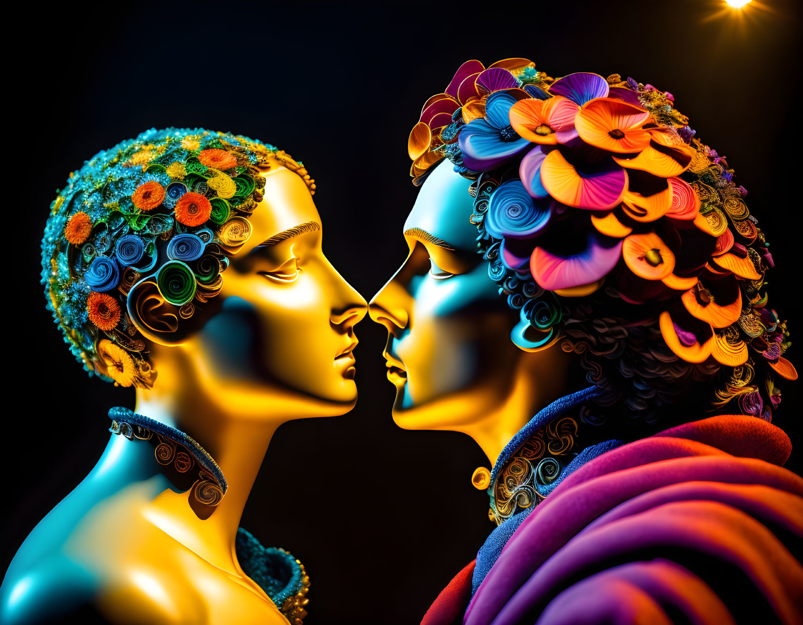 Colorful Digital Sculptures with Floral Patterns on Black Background