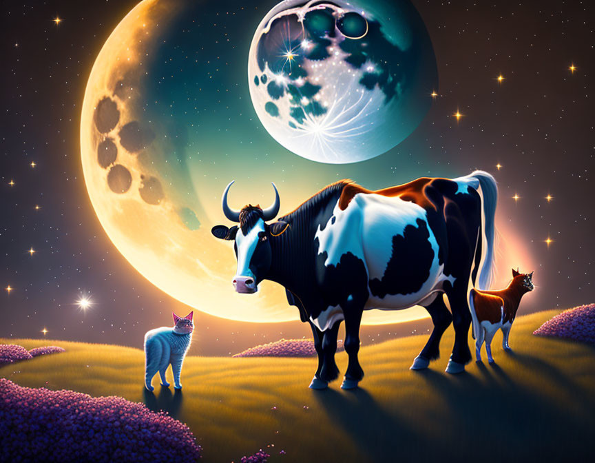 Surreal landscape with cow, cats, and fantastical moons