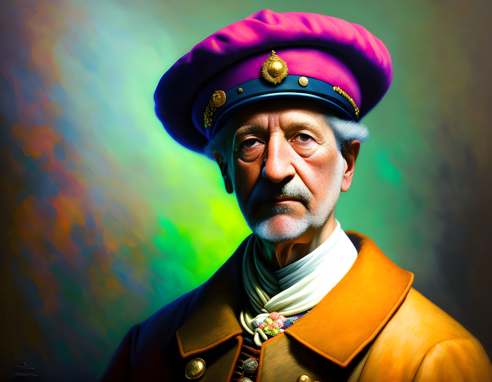 Colorful Uniformed Man with Mustache in Vibrant Portrait