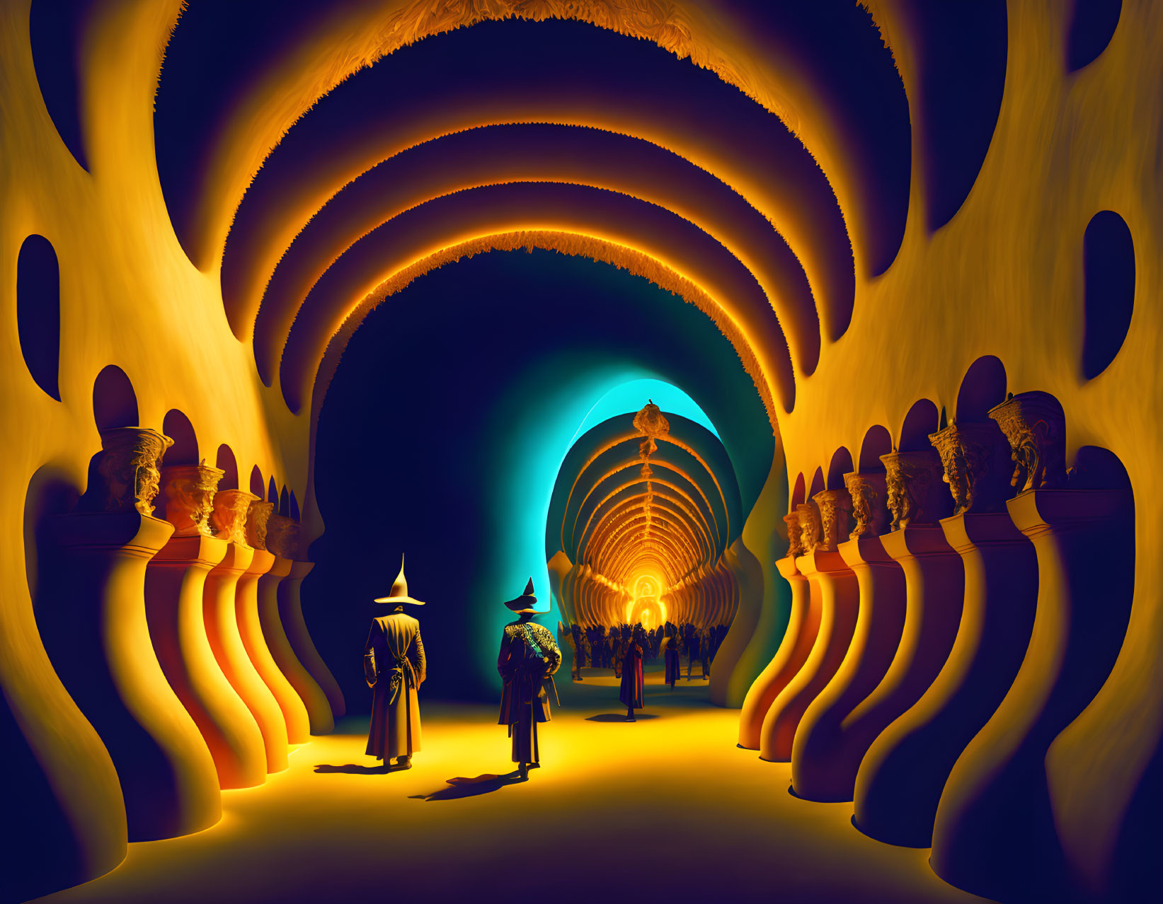 Mystical corridor with arched luminescent ribs and wizard silhouettes among ancient statues under