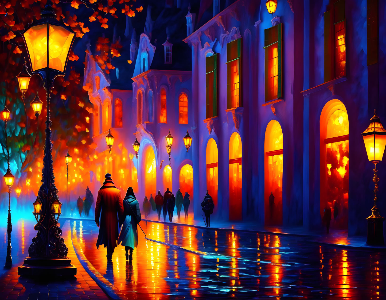 Colorful Night Street Scene with Cloaked Figure and Autumn Leaves