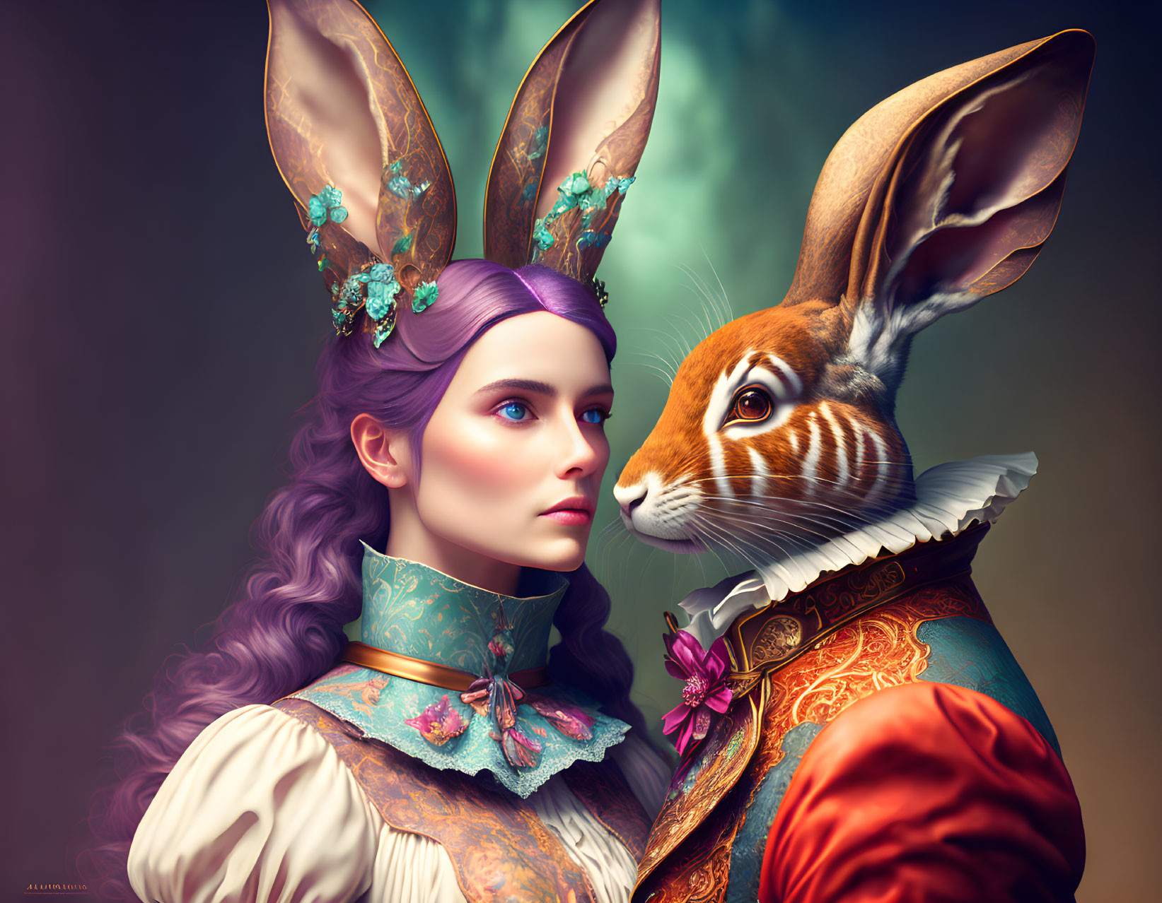 Surreal portrait: Woman with rabbit head in vintage attire