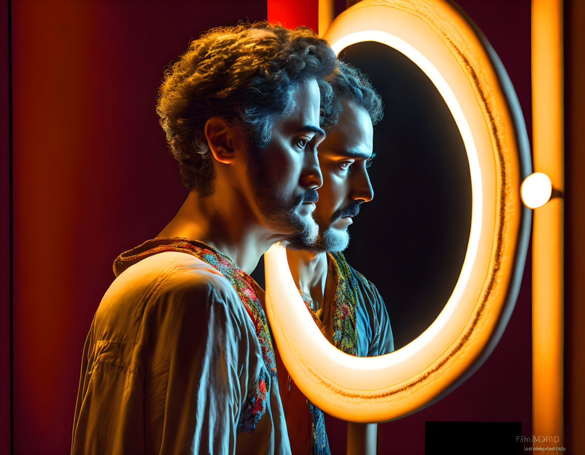 Curly-Haired Man Reflecting in Mirror with Circular Light