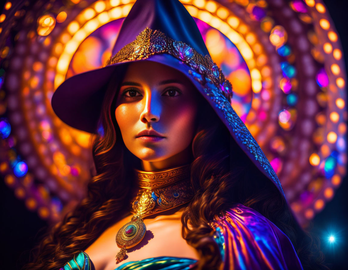 Decorative witch costume with pointed hat on woman against bokeh light background