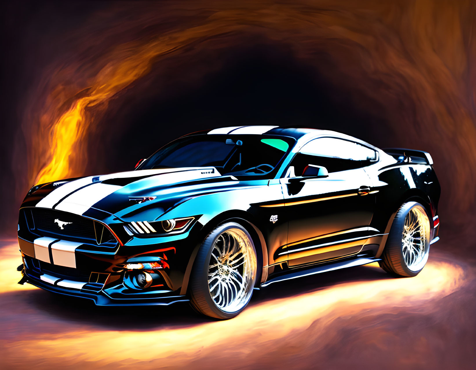 Stylized Black Mustang Car with Blue Accents and Flame Graphics