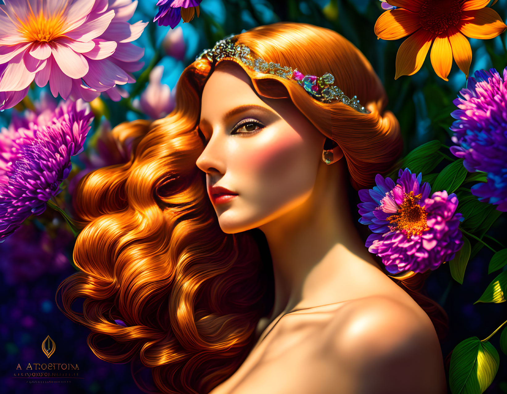 Digital artwork: Woman with red hair and jeweled headband among colorful flowers