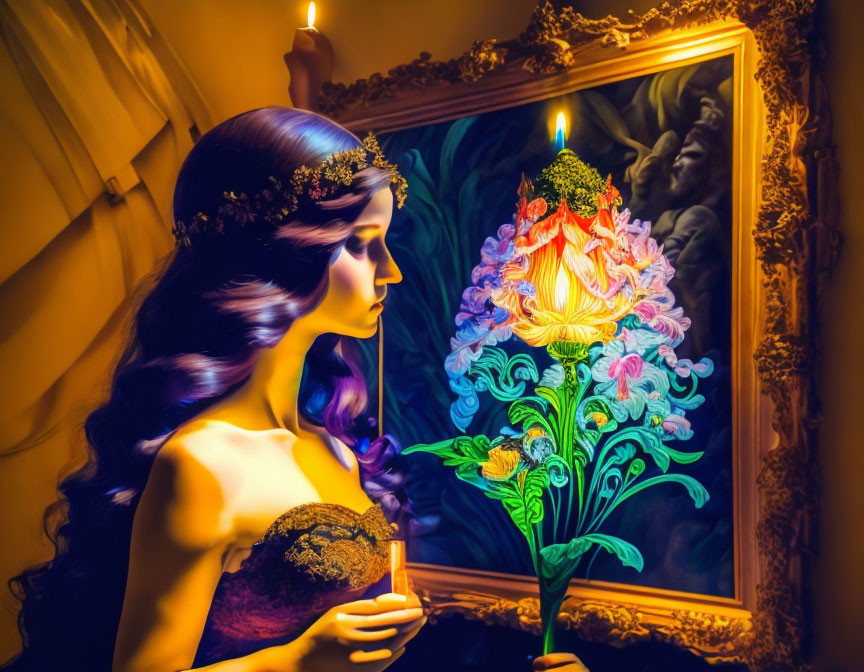 Woman with floral headpiece admires vibrant flower painting by candlelight