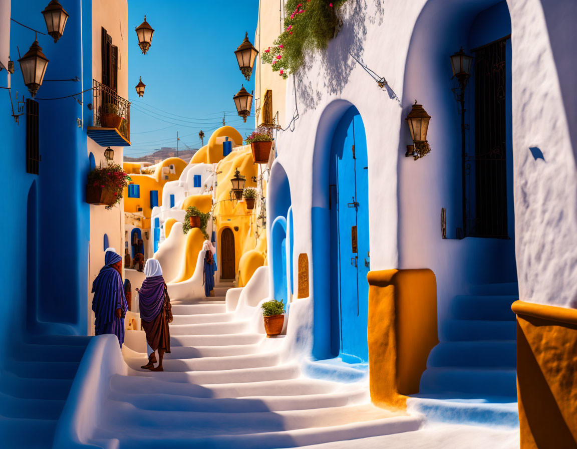 Sunlit cobblestone street with white and blue buildings, flowering plants, lanterns, and ascending