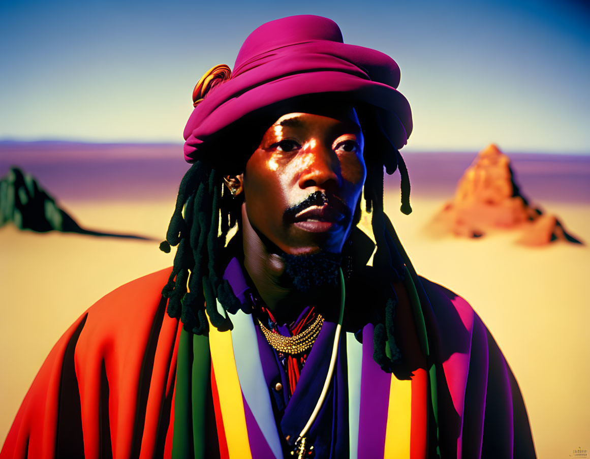 Stylized man with dreadlocks in purple hat and colorful outfit in desert landscape