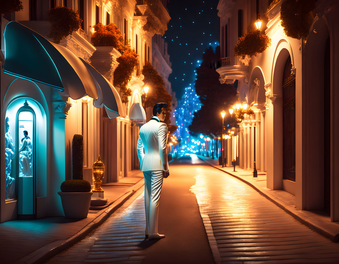 Person in white suit on elegant illuminated street at night gazes at starry sky