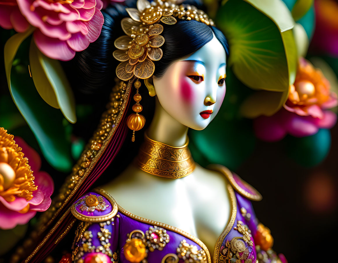 Traditional Asian Female Figure in Elaborate Attire and Floral Setting