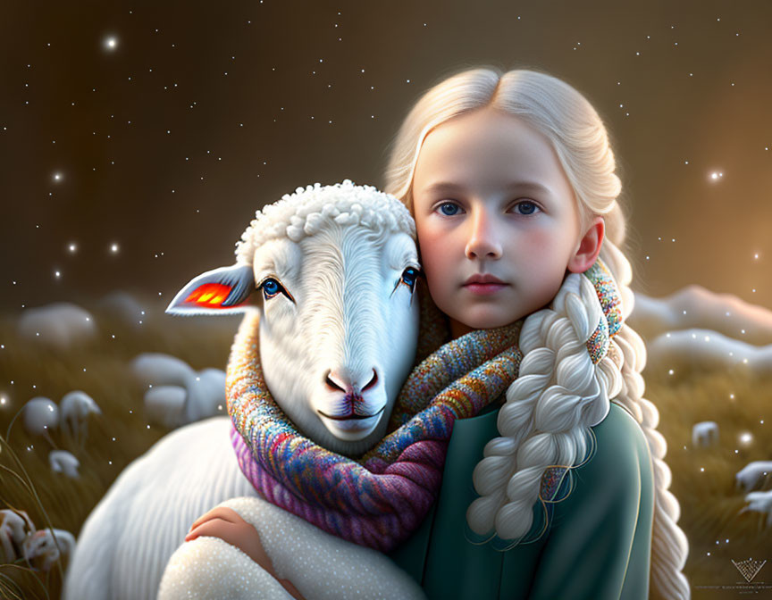 Blonde girl embracing white sheep with colorful scarves in twilight scene