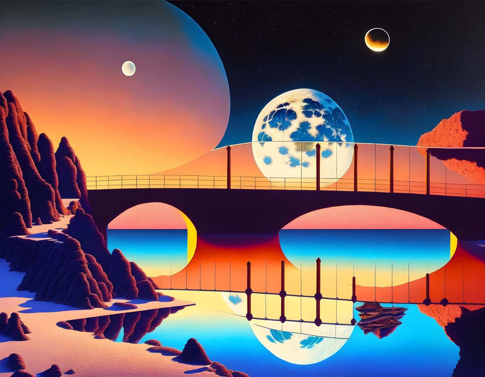 Colorful digital artwork: surreal landscape with bridge, moons, sky, alien rocks