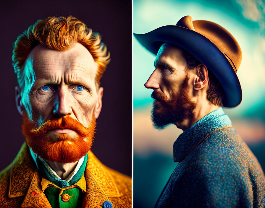 Striking Ginger Man Portrait in Patterned Outfit on Blue Background