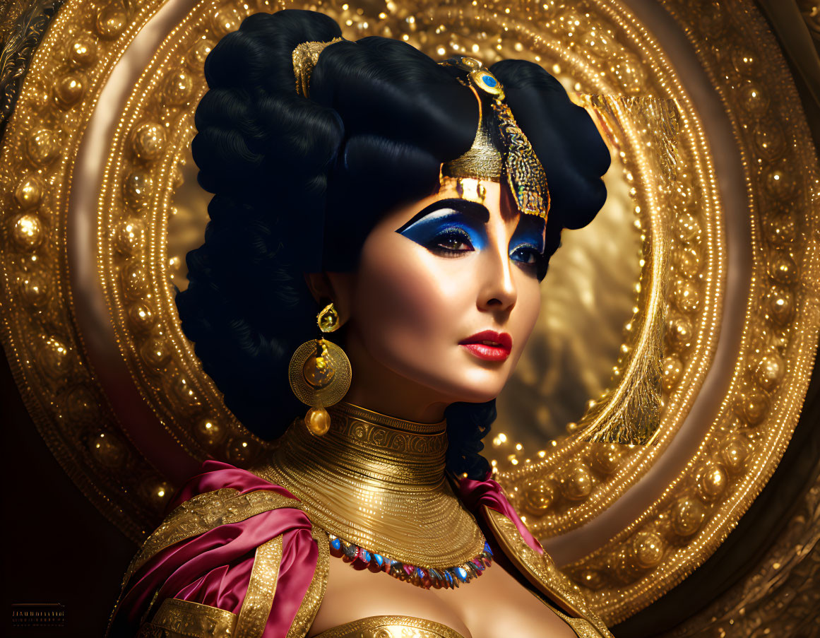 Ancient Egyptian-themed portrait of a woman with ornate golden headdress and vibrant blue eye makeup