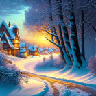 Snowy Dusk Scene: Cozy Houses, Clear Path, Bare Trees, Softly Glowing