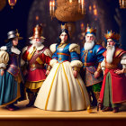 Animated royal family in Renaissance attire with ornate crowns on regal background