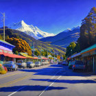 Street scene with shops, cars, and snowy mountains in clear sky