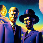 Two serious male figures in suits against surreal landscape with oversized moons