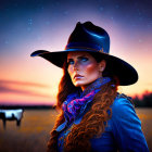 Woman in cowboy hat and blue scarf with cow and sunset in field