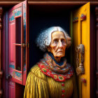 Elderly woman with gray hair emerges from ornate wardrobe